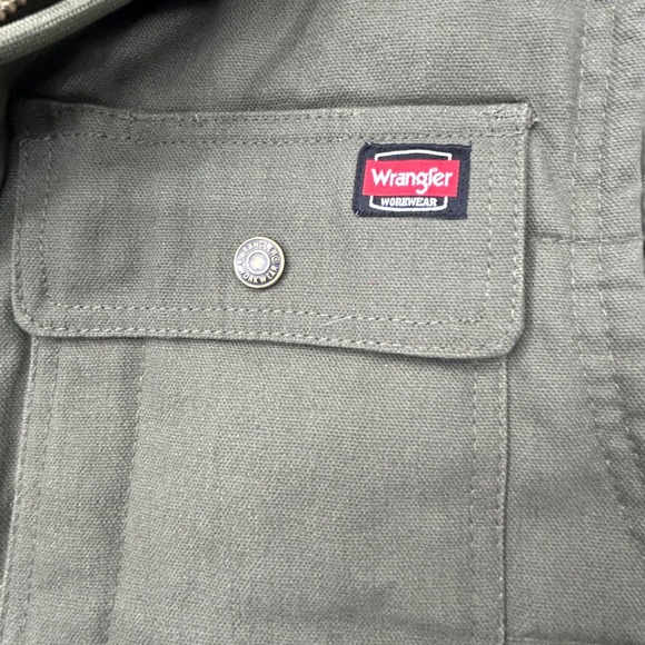 Wrangler Workwear Hooded Vest Mens 2XL Olive Green Puffer Quilted Lined Canvas - Picture 4 of 8